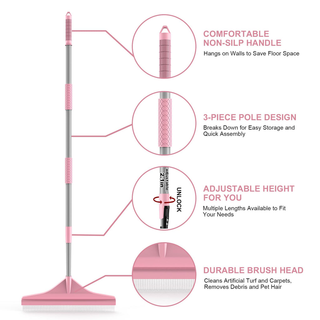 GARDTECH Artificial Turf Rake with Telescopic Steel Handle – 32-55 Inch Hand Rake for Artificial Grass, Carpet, Pet Hair & Leaves, 3-Piece Easy Storage, Pink