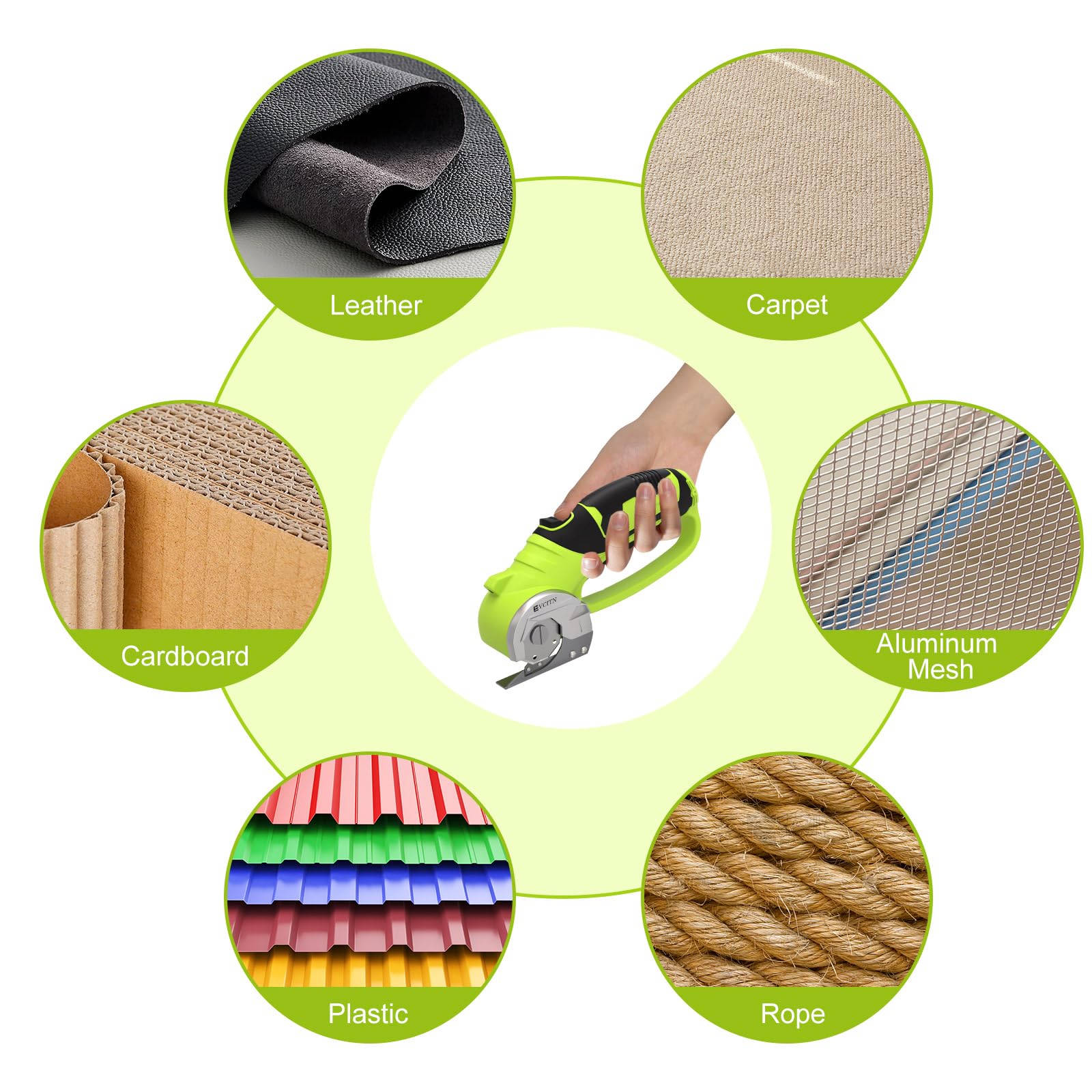 GARDTECH Cordless Electric Scissors 4V Rechargeable, Heavy Duty Rotary Cutter with LED for Cardboard, Fabric, Carpet & Crafts (Green)