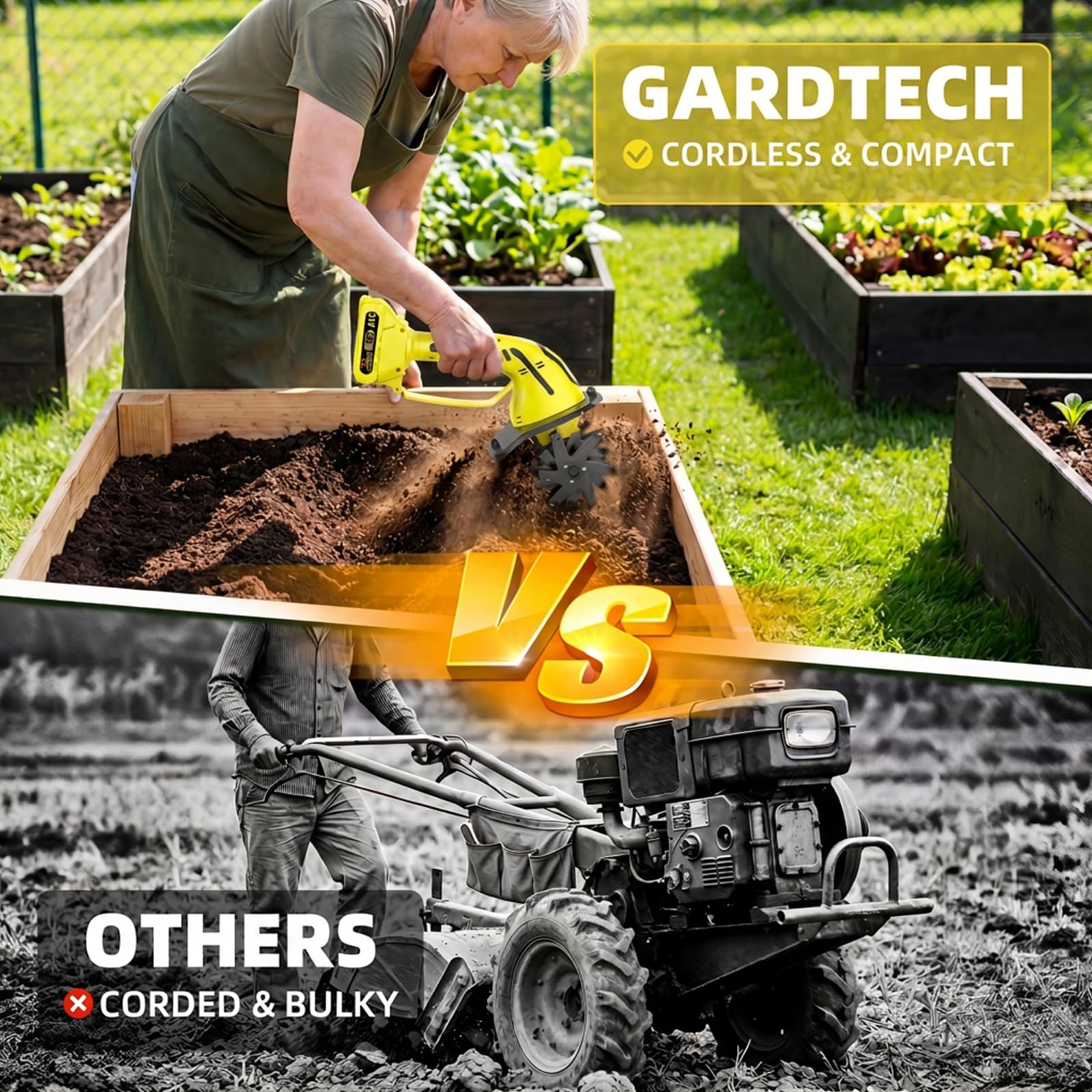 GARDTECH 21V Cordless Tiller Cultivator | 235RPM Electric Hand Tiller with 2.0Ah Battery