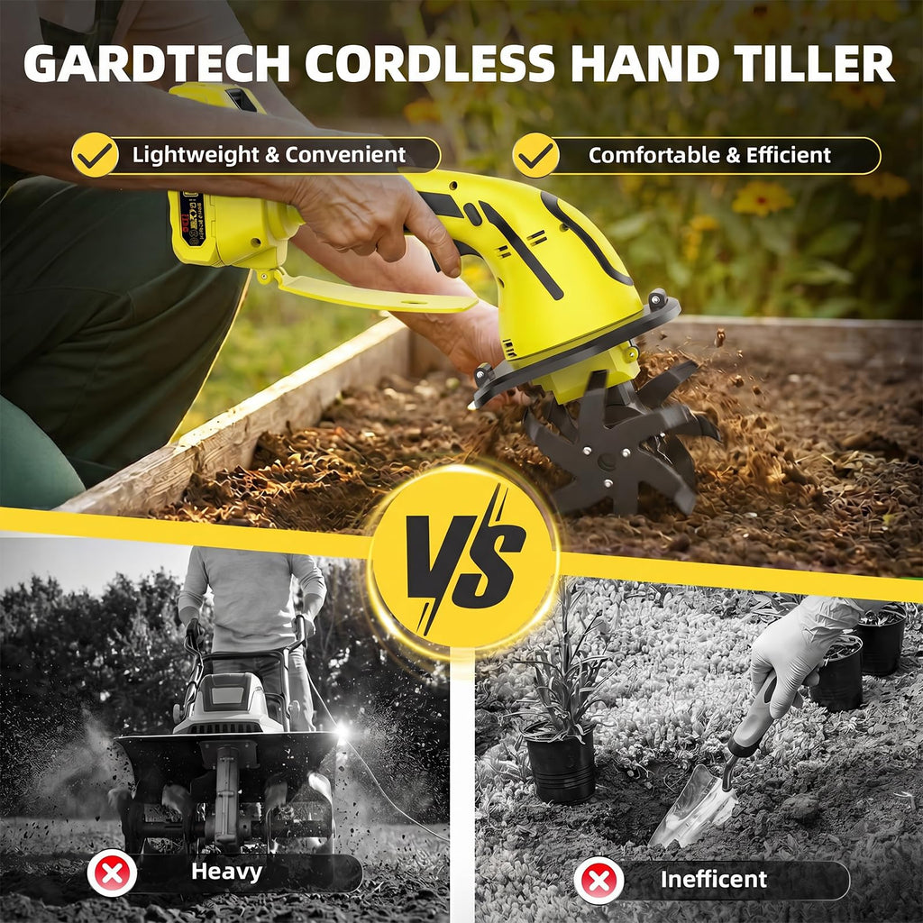GARDTECH 21V Cordless Tiller Cultivator | 235RPM Electric Hand Tiller with 2.0Ah Battery